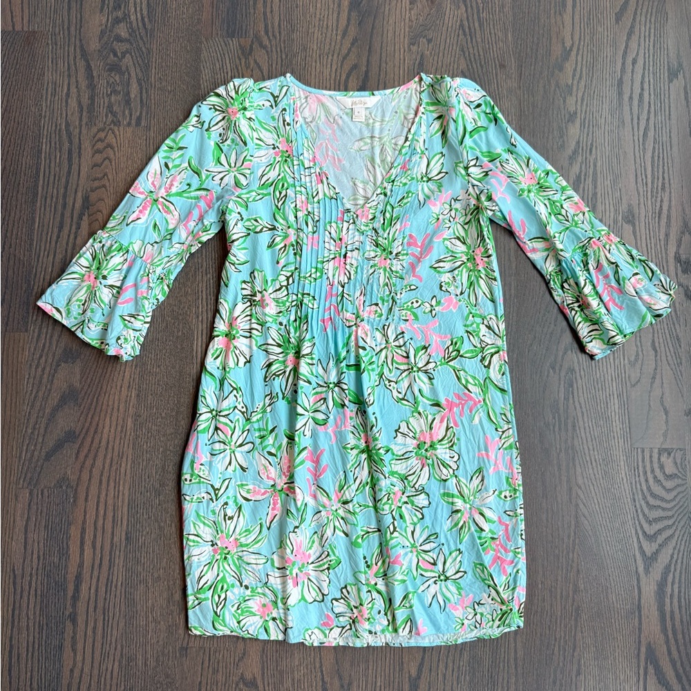 Lilly Pulitzer Light Blue Floral Mini Dress with Pink & Green Accents
